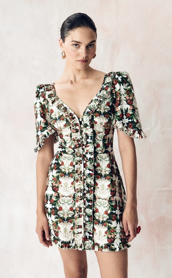 Платье из стрейч поплина с авторским принтом «ВИШНЕВЫЙ САД»