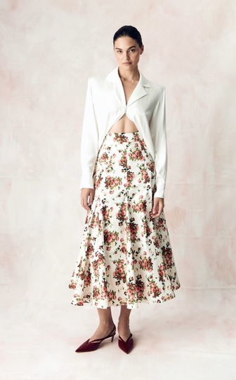 Юбка годэ в длине миди из стрейч поплина с авторским принтом «ПИОНЫ И ВИШНИ»