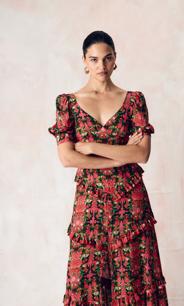 Платье из стрейч поплина с авторским принтом «ВИШНЕВЫЙ САД»-Изображение