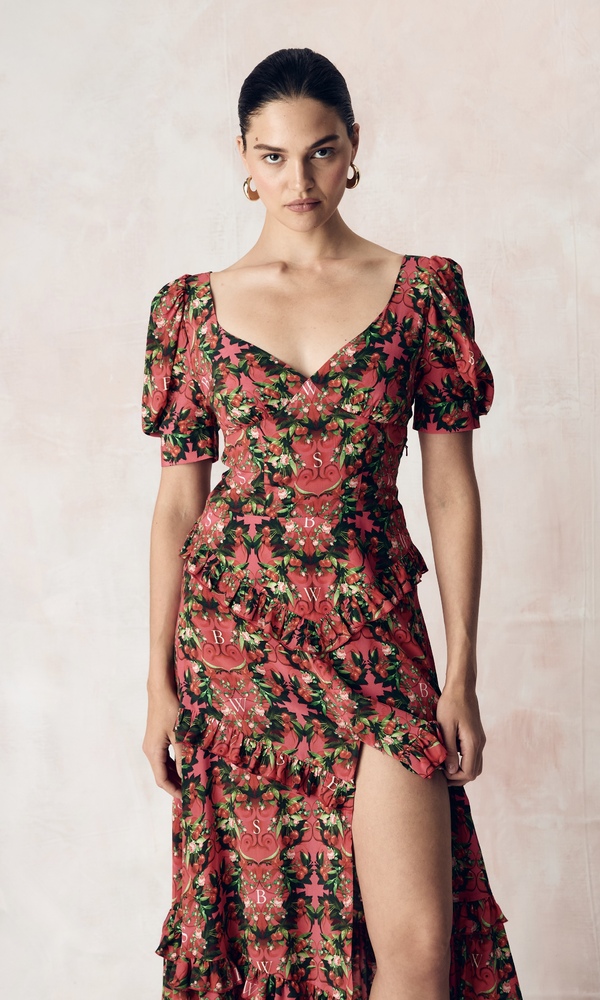 Платье из стрейч поплина с авторским принтом «ВИШНЕВЫЙ САД»-Изображение