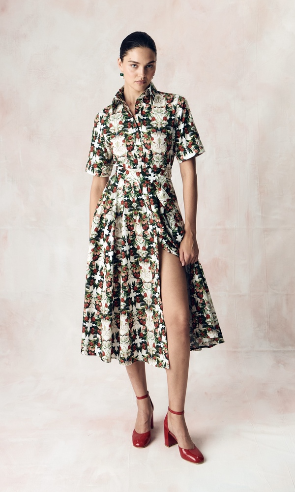 Платье-рубашка из стрейч поплина с авторским принтом “ВИШНЕВЫЙ САД»-Изображение