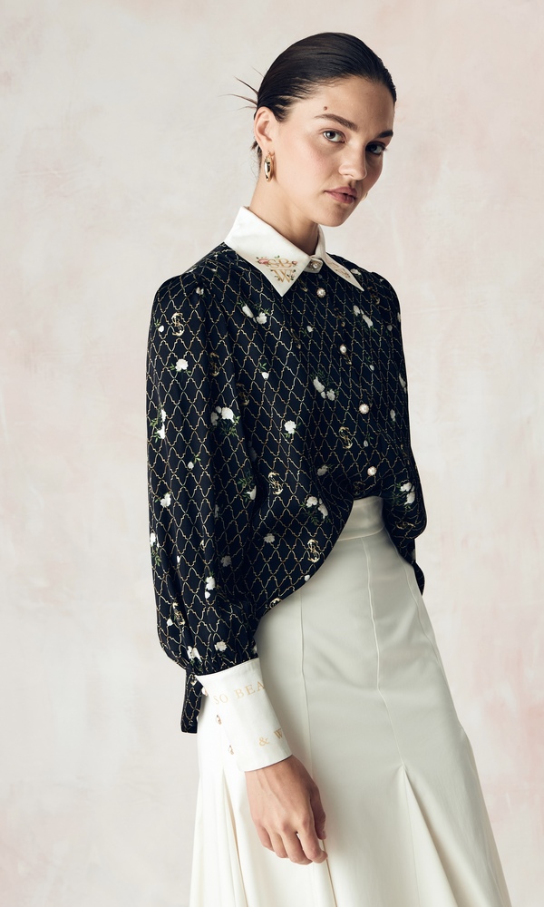 Рубашка из сатиновой стрейч вискозы с авторским принтом «ЗОЛОТЫЕ ПИОНЫ»-Изображение