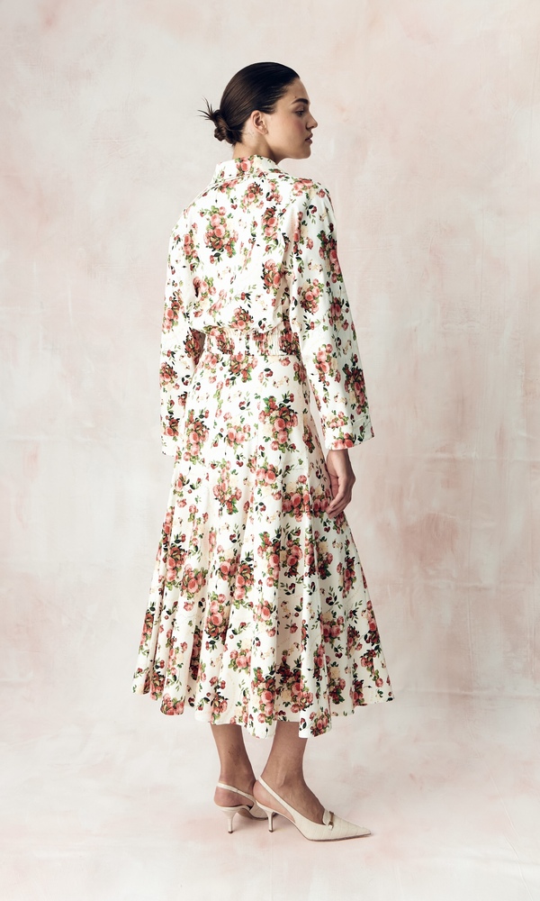 Юбка годэ в длине миди из стрейч поплина с авторским принтом «ПИОНЫ И ВИШНИ»-Изображение