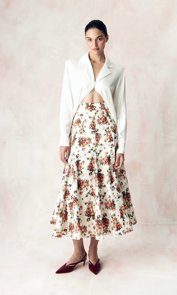 Юбка годэ в длине миди из стрейч поплина с авторским принтом «ПИОНЫ И ВИШНИ»-Изображение