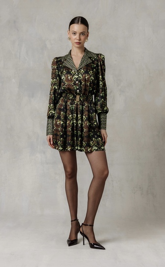 Платье из сатиновой вискозы в длине мини с авторским принтом 